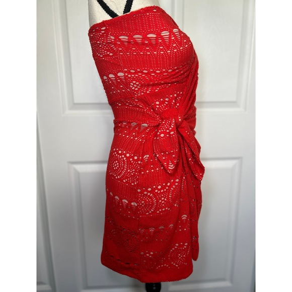 Free People Oceanside Red Crochet Strapless Mini Dress Wrap Small Boho Festival - Picture 3 of 7